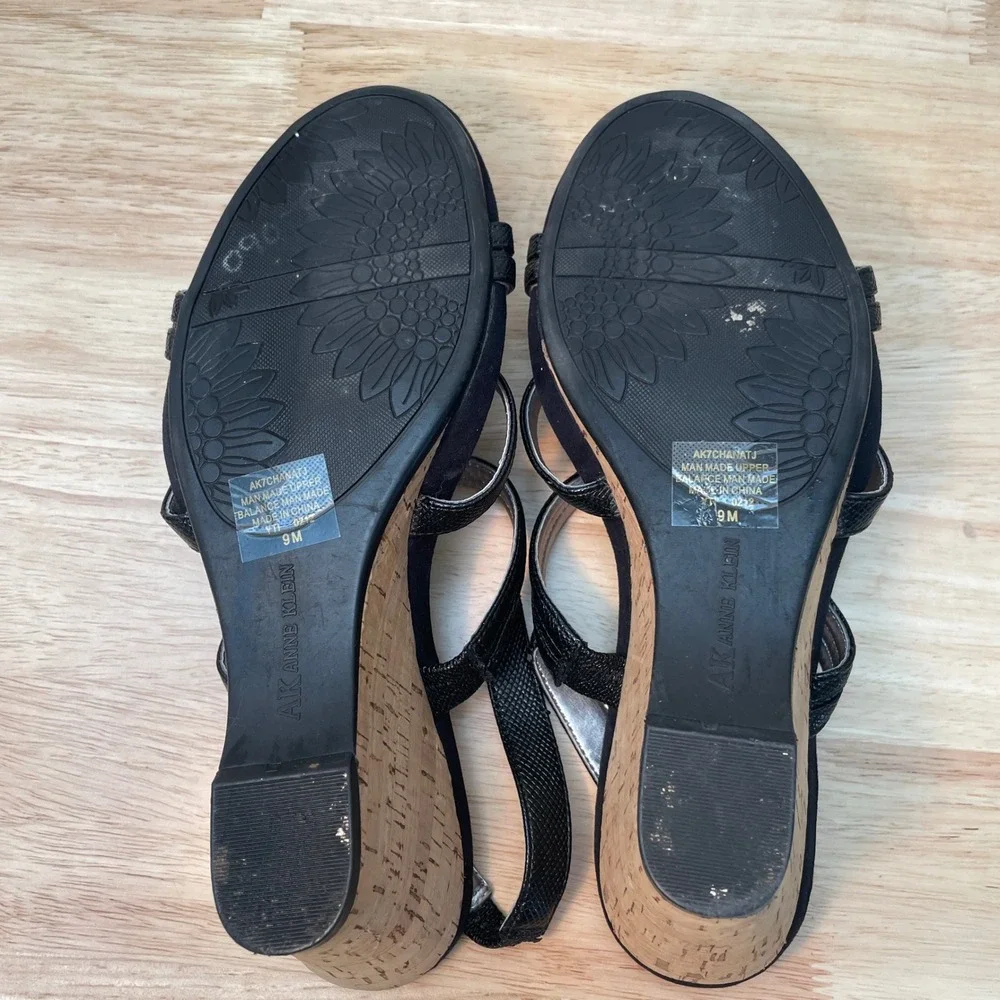 AK‎ Anne Klein Chanatj Black Textured Cork Wedge Slingback Sandals 9M